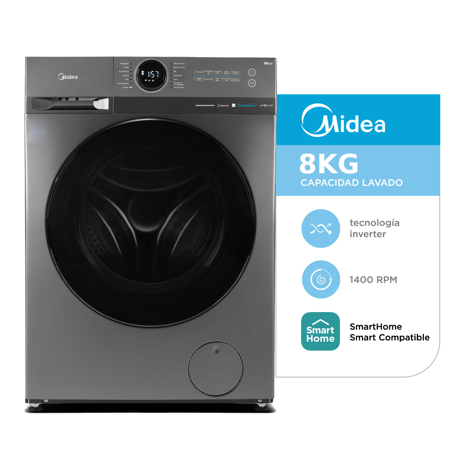 Lavarropas Midea 8kg Mf200w80wb/T-A1 1400rpm Titanio A+